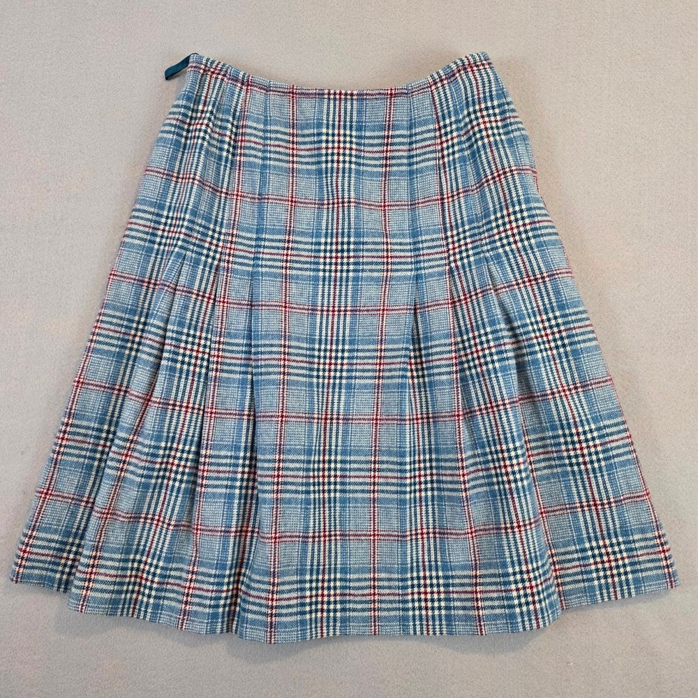 Vintage Pendleton Wool Plaid Pleated Skirt Blue Red Tartan USA Made Talon 11-12